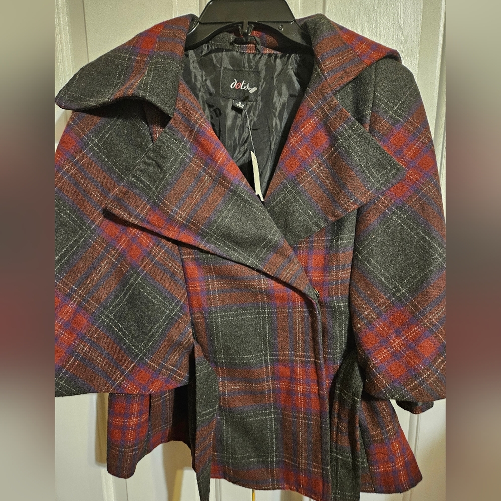 Burgundy Red Dark Gray Plaid Cape Jacket